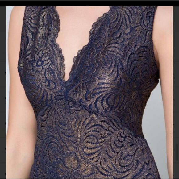 Bebe Metallic Lace Design Dress Contemporary Feminine Scalloped Brand New - Picture 4 of 14